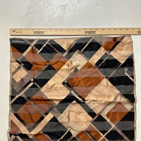 Jones New York Silk Scarf 20.5” Square Geometric Neutral Print Tan Black Browns - Picture 7 of 10
